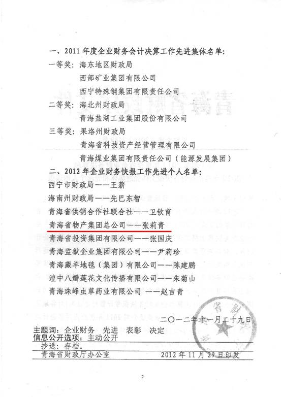 物產(chǎn)集團榮獲2011年度財務(wù)決算先進單位、2012年度財務(wù)快報工作先進個人表彰